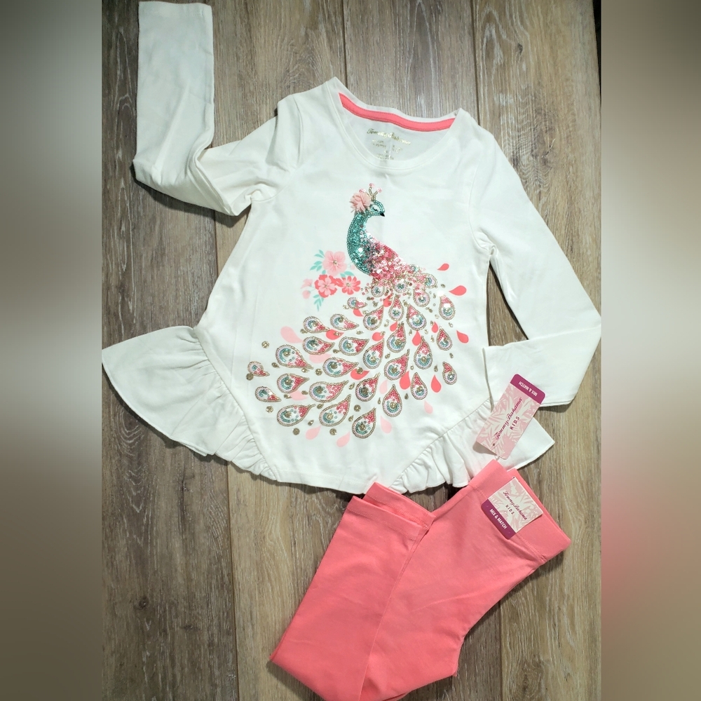 Tommy Bahama girl's 2 piece white peacock graphic sequin tee and leggings Size 4